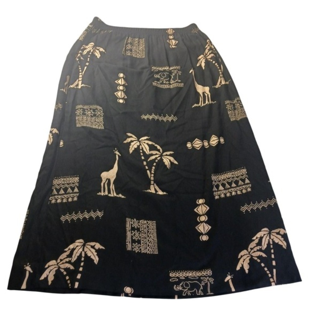 VTG Safari Print Midi Skirt M Boho Giraffe Palm Trees Elastic Waist‎ USA 90s